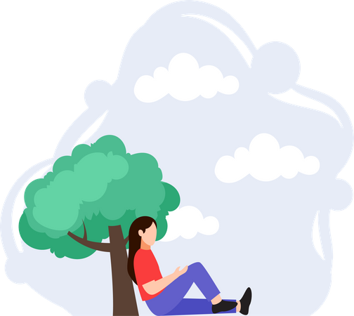 Girl Sitting Under Tree  Illustration