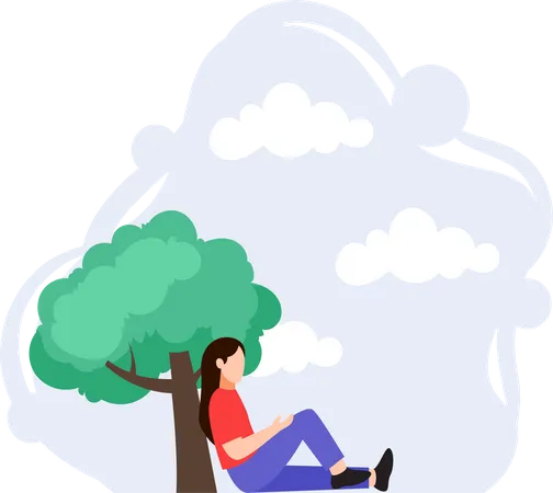 Girl Sitting Under Tree  Illustration