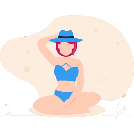 The Girl Is Sitting On Beach And Wearing Bikini Hat Illustration