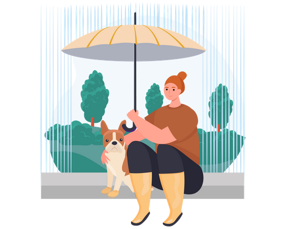 Girl sitting with her dog in park  Illustration