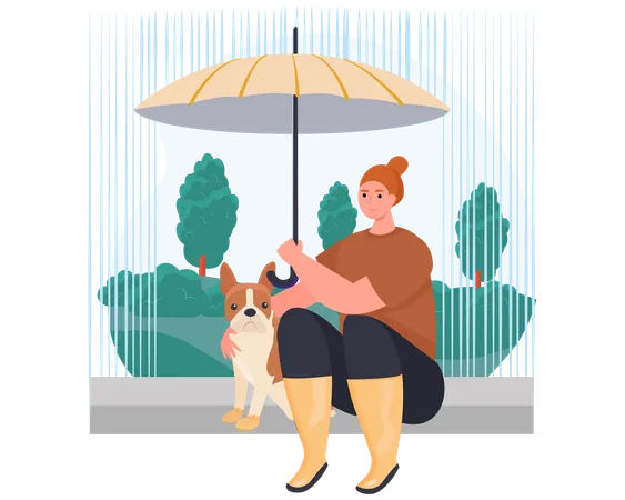 Girl sitting with her dog in park  Illustration