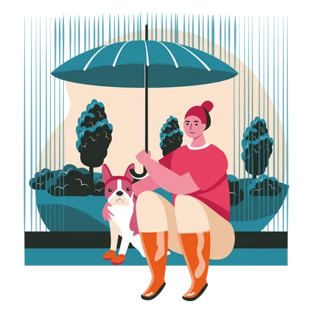 Different Situations In The Life Of Pets Scene Concept Woman And Dog Sit Under Umbrella In Rain Outdoor Walking Pet Care People Activities Vector Illustration Of Characters In Flat Design 일러스트레이션