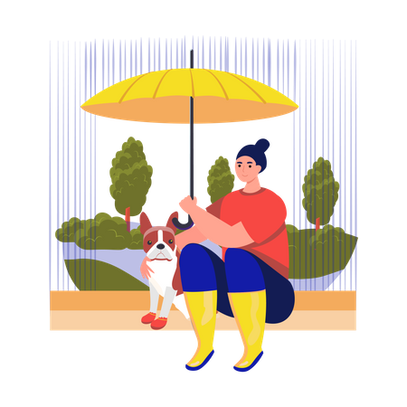 Girl sitting with her dog in park  Illustration