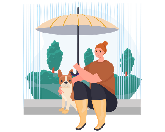 Girl sitting with her dog in park  Illustration