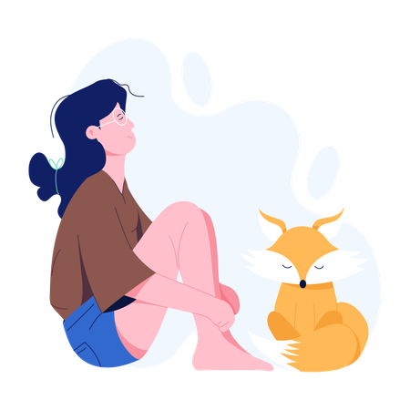 Girl sitting with pet and thinking  Illustration