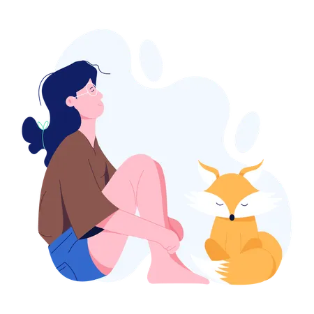 Girl sitting with pet and thinking  Illustration