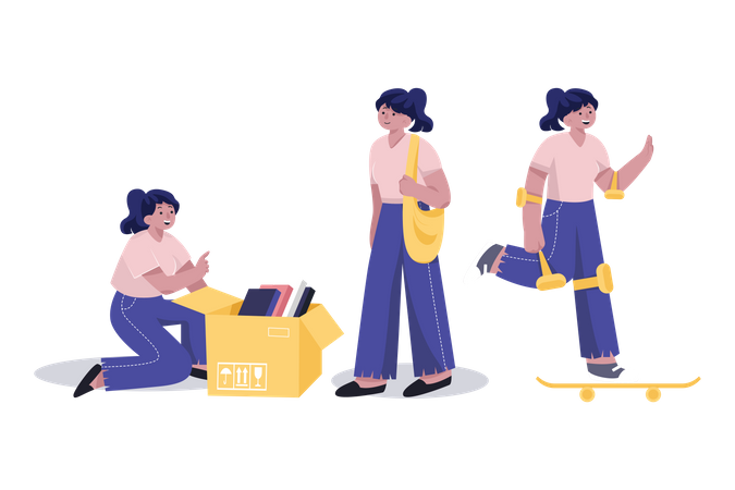 Girl skating and arranging books  Illustration