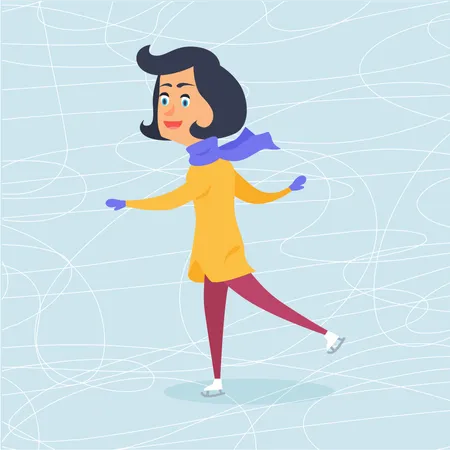 Isolated Cartoon Girl In Warm Winter Clothes Is Skating On Frozen Surface Vector Illustration Of Female Person In Blue Scarf And Mittens Yellow Coat And Red Trousers Christmas Entertainments Illustration
