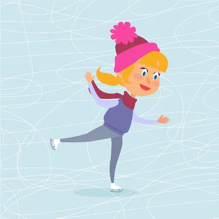 Isolated Cartoon Girl In Violet Vest Red Scarf And Pink Hat Skating On Frozen Surface Vector Illustration Of Happy Female Child Spending Winter Holidays On Icerink Christmas Entertainments In Town Illustration