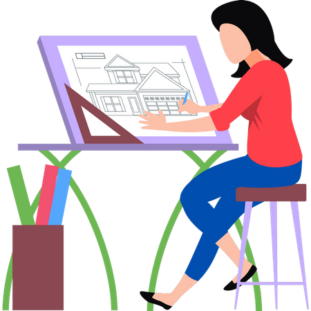 Girl sketching the design of house  Illustration