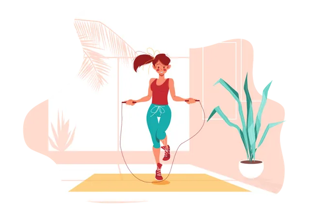 Girl skipping rope in her room Illustration