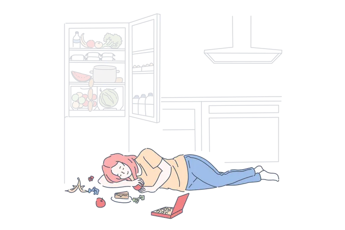 Diet End Cheat Meal Day Concept Woman Eating Tasty Nutritious Food Lying On Floor Near Open Fridge Young Girl Enjoying Candies Cake Piece Sweet Fruits Simple Flat Vector Illustration