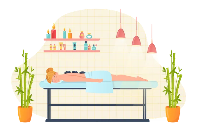 Girl sleeping at spa bed and relaxing Illustration