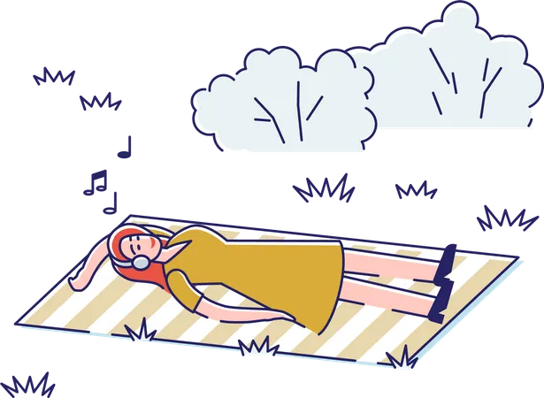 Girl sleeping at the park and enjoying music  Illustration