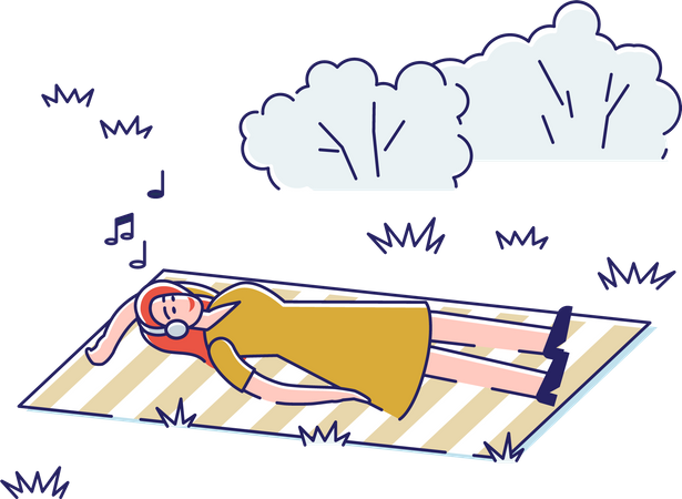 Girl sleeping at the park and enjoying music  Illustration