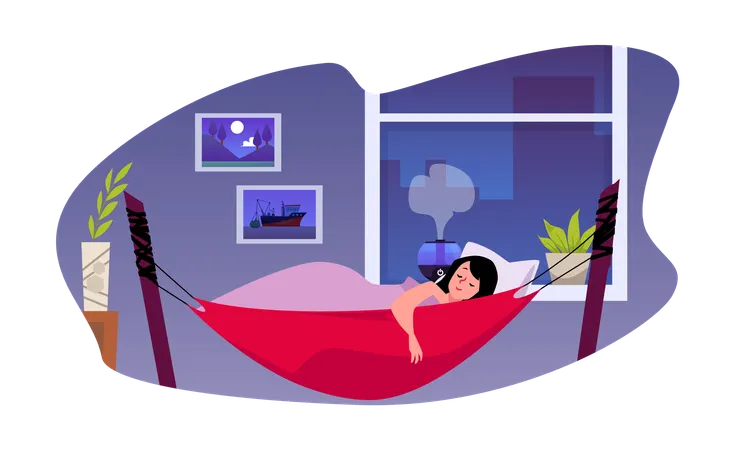 Girl sleeping in a hammock indoors at night  Illustration