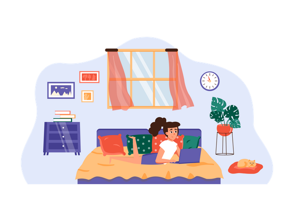 Girl sleeping on bed and doing freelancing job  Illustration