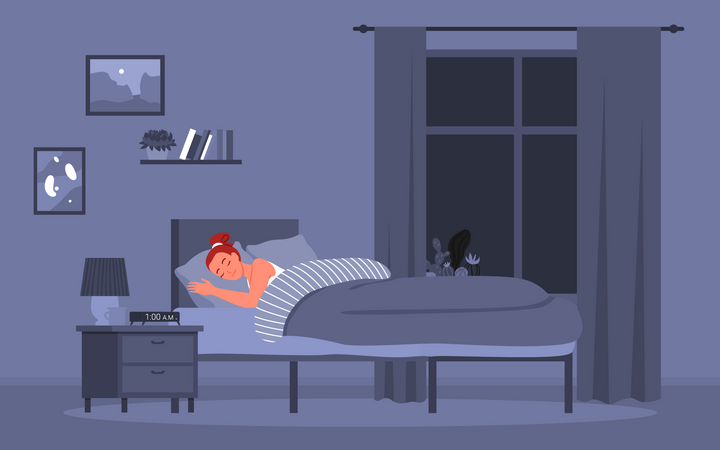 Girl sleeping on bed during midnight  Illustration