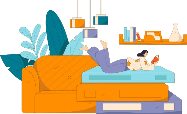 Girl sleeping on bed while reading book  Illustration
