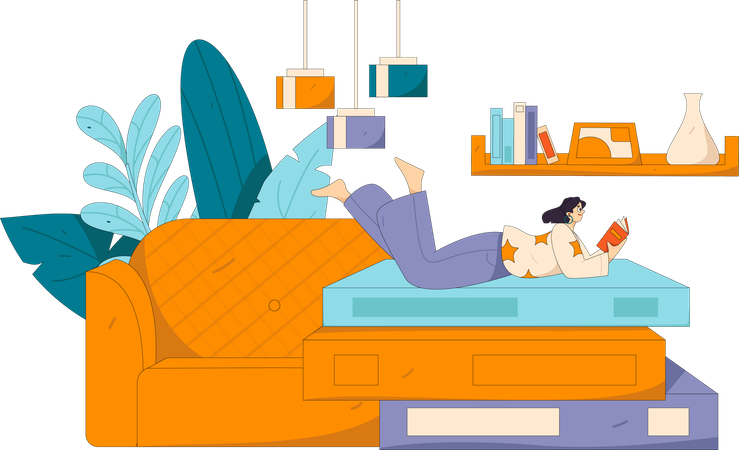 Girl sleeping on bed while reading book  Illustration