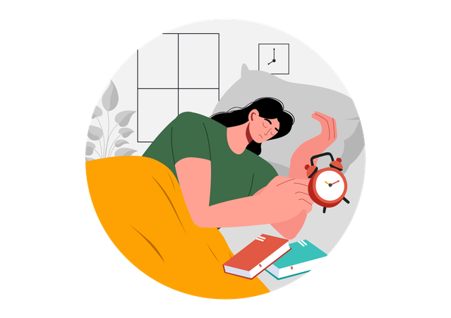 Girl sleeping on bed with books and alarm  Illustration