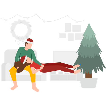 Girl sleeping on boy's lap on couch  Illustration