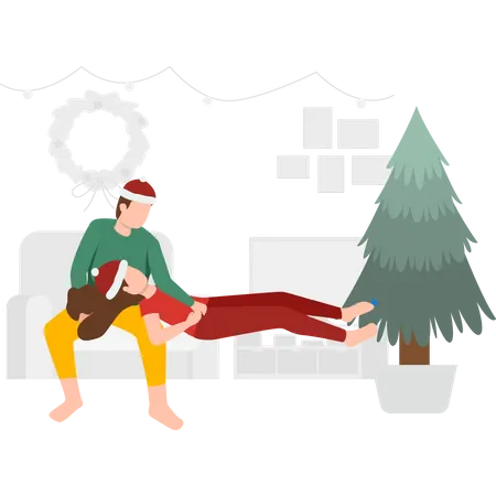 Girl sleeping on boy's lap on couch  Illustration