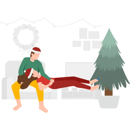 Girl sleeping on boy's lap on couch Illustration