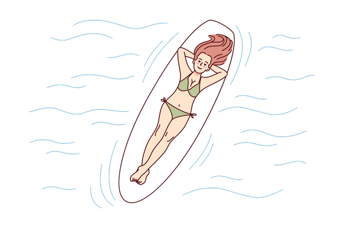 Girl sleeping on surfboard at beach  Illustration