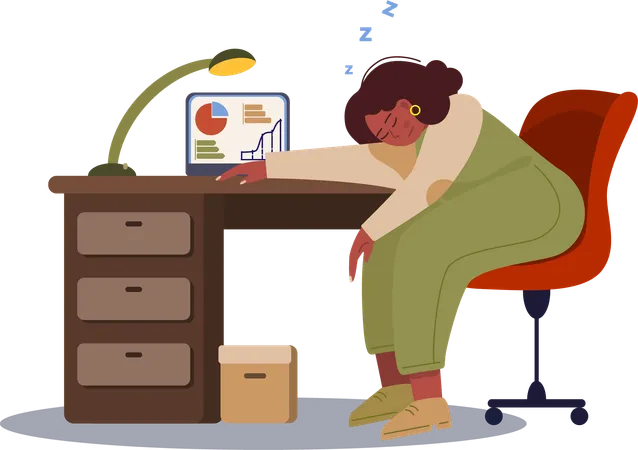 Girl sleeping on table while making business presentation  Illustration