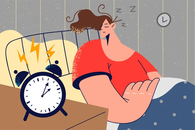 Girl sleeping while alarm ringing  Illustration