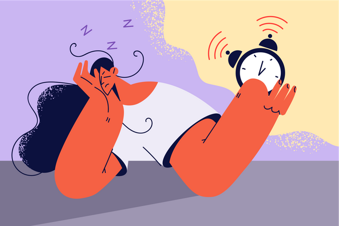 Girl sleeping while alarm ringing  Illustration