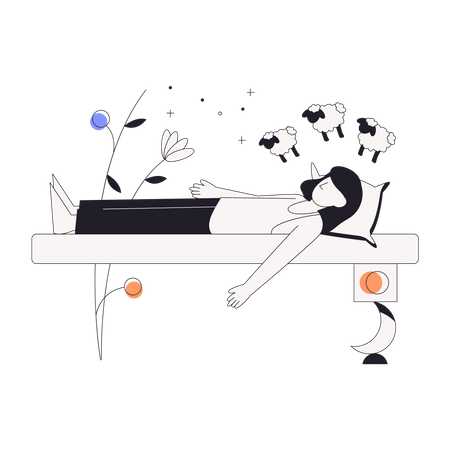 Girl sleeping while dreaming about sheep  Illustration