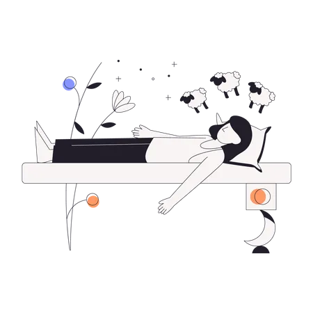 Girl sleeping while dreaming about sheep  Illustration