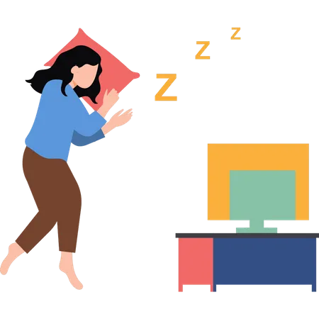 The Girl Is Sleeping While Watching TV Illustration