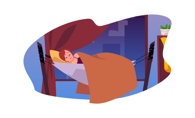 Girl sleeps in a hammock in a room by the window  Illustration