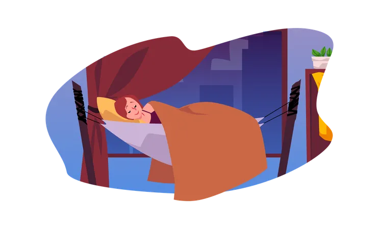 Girl sleeps in a hammock in a room by the window  Illustration