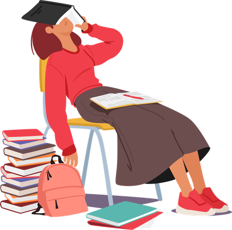 Girl sleeps over chair while preparing for test  Illustration