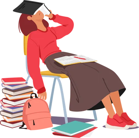 Tired Student Girl Peacefully Sleeps Surrounded By A Fortress Of Books Finding Solace In Embrace Of Dreams As Exhaustion Takes Over A Temporary Respite From Academic Challenges Vector Illustration Illustration