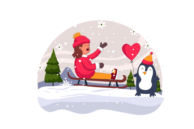 Girl sliding using sleigh  Illustration