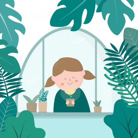 Lovely Girl Smile Within Botanical Garden Surrounded By Various Plants Think Green Concept Vector Illustration 일러스트레이션