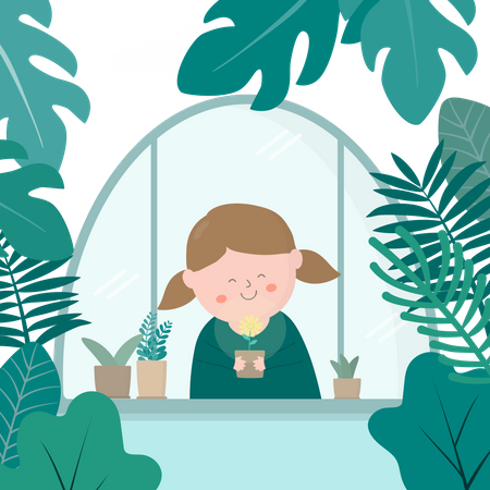 Girl smiling inside botanical garden  Illustration