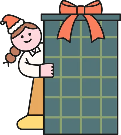 Girl sneaking out behind from large gift  Illustration