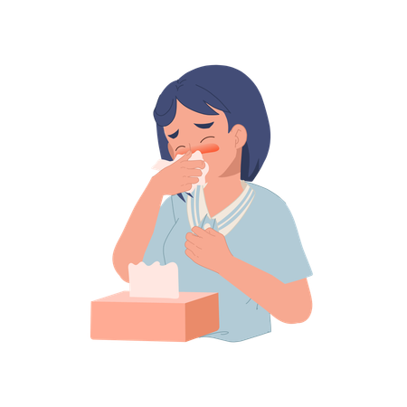 Girl Sneezing With Tissue Paper Box  イラスト