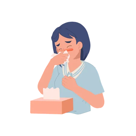 Girl Sneezing With Tissue Paper Box  イラスト