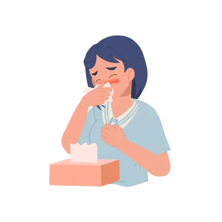 Girl Sneezing With Tissue Paper Box  Illustration