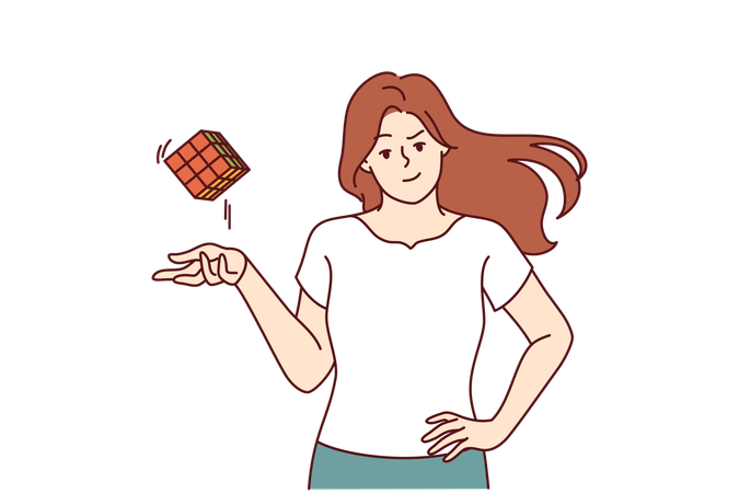 Girl solves cube puzzle  Illustration
