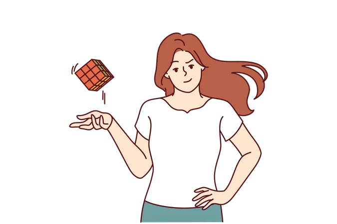 Smart Girl Throws Assembled Cube Puzzle With Ease Having Coped With Difficult Task To Find Out IQ Young Girl Is Proud Of High Intelligence And Looks At Screen Demonstrating Popular Puzzle Illustration
