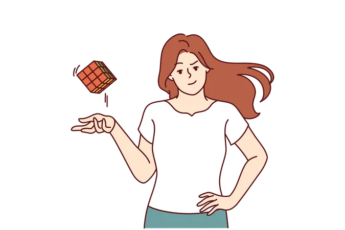 Girl solves cube puzzle  Illustration