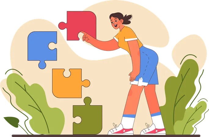 Girl solving jigsaw puzzle  Illustration